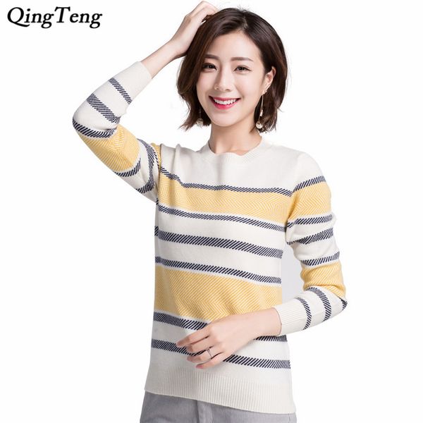 

yellow striped cashmere sweater women's light weight fine knitting long sleeve chic design pullover fit cropped o-neck jumpers, White;black