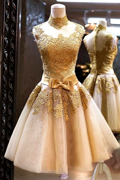 Elegante Abito da ballo Abito da ballo Ginocchio Ginocchio Pleas Tulle Oro Applique High Collo Zipper Zipper Abiti da partito a buon mercato Custom Made Plus Size