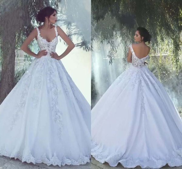 

sweetheart lace wedding dresses 2019 appliques crystal beaded spaghetti straps court train ball gown wedding bridal gowns, White