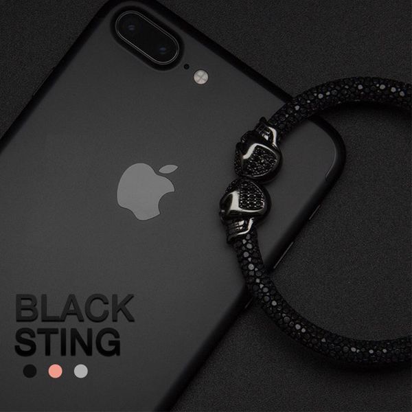 

2018 new mens black stingray bracelet with micro pave black cz skull beads charm bracelets fit for luxury watch accessories, Golden;silver