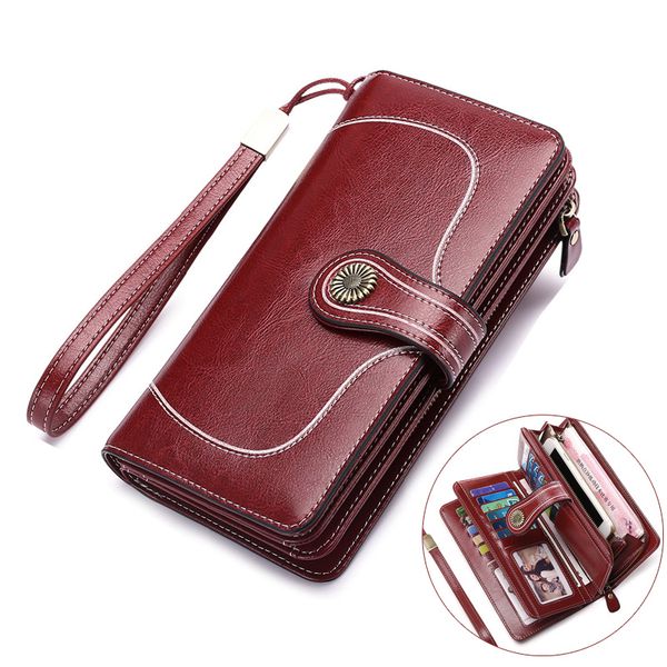 

brand wallet split leather wallet female long women zipper purse strap clutch coin purse womens purses leather, Red;black