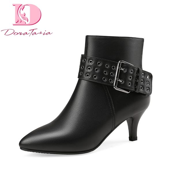 

doratasia brand design autumn pointed toe cow genuine leather women shoes booties thin heels shoes woman lady ankle boots, Black