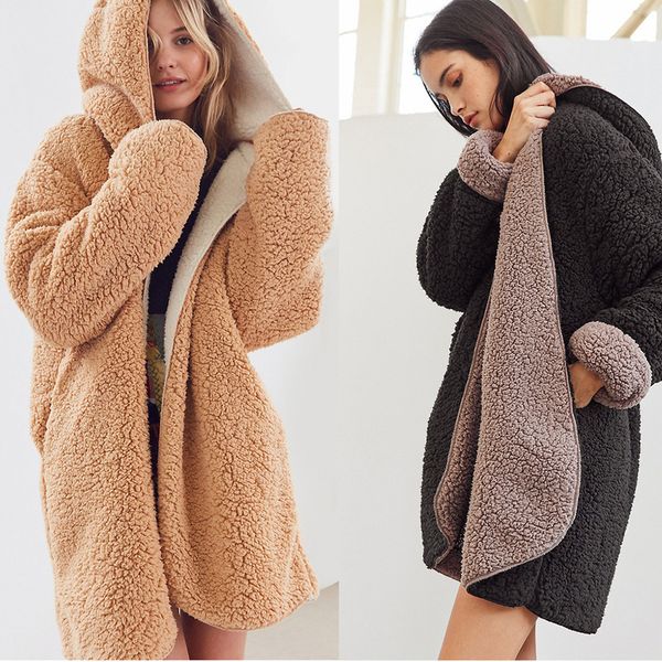 

woolen thick long teddy coats women solid oversize lambswool female winter coats warm teddy jacket overcoats women faux fur coat, Black
