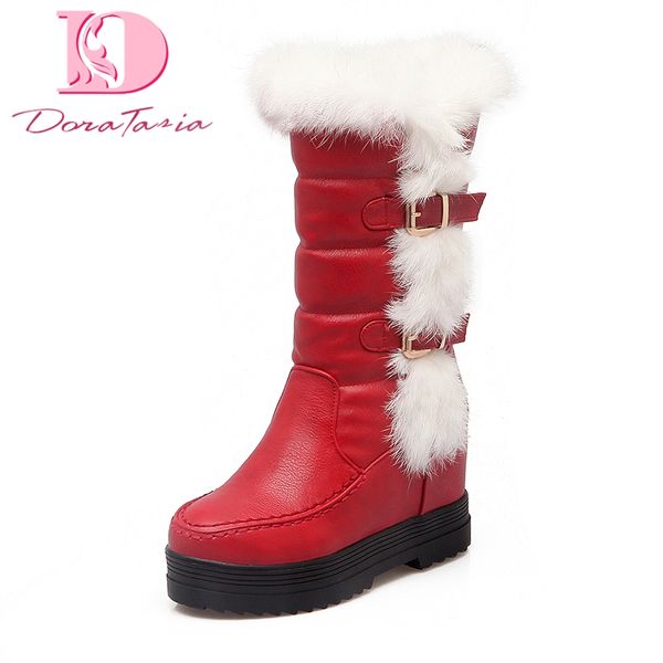 

doratasia brand plus size 34-43 fashion slip on warm winter snow boots plush add fur mid calf boots woman shoes women, Black
