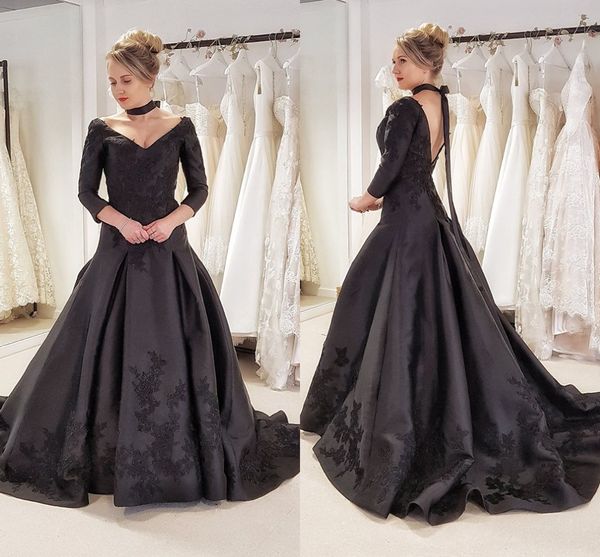 Gothic Schwarz Bunte Brautkleider Mit 3/4 Ärmeln V-Ausschnitt Vintage Satin Nicht Weiß Brautkleider Nach Maß Nicht Traditionell