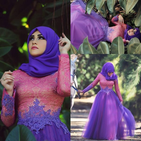 Muçulmano disse mhamad roxo rendas mangas compridas jóia alta pescoço em camadas tule formal vestidos de baile yousef aljasmi vestidos de noite