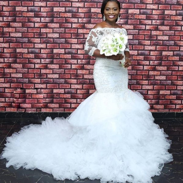 Encantador África do Sul Vestidos de Casamento Beads Lace Applique 3/4 mangas compridas Plus size vestido nupcial rebuffles vestido de noiva de sereia em camadas