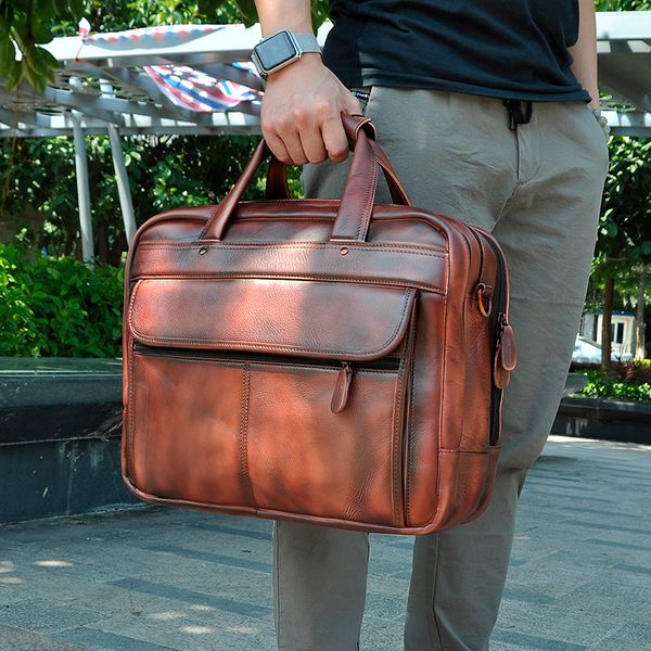 

men original leather business briefcase attache messenger bag male design travel lapdocument case tote portfolio bag 7146