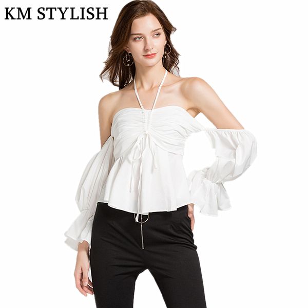

2018 autumn new slim solid color women flare sleeve bow blouse female backless halter tube shirt white & red