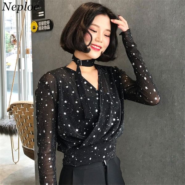 

neploe stars printed women chiffon blouse 2018 spring newly perspective v-neck blusas long sleeve halter shirts 66991, White