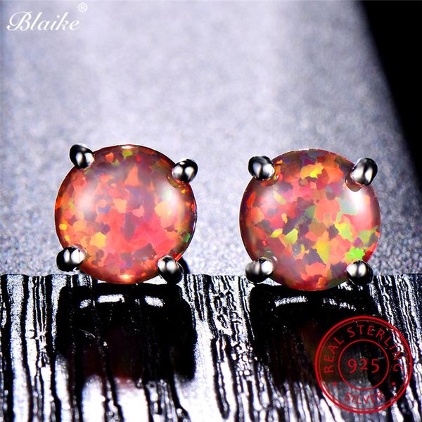 

blaike 100% solid s925 sterling silver round stud earrings for women rainbow fire opal earrings blue zircon wedding fine jewelry, Golden;silver