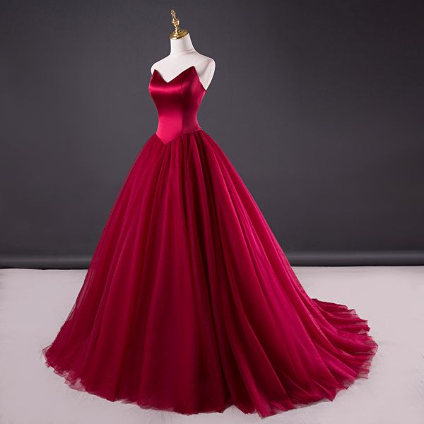 

sweetheart tulle prom dresses with satin 2019 burgundy long prom gowns sweep train party dress elegant, Black