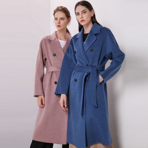 

long alpaca coats with belt double breasted buttons women coats pure alpaca with step lapels and side flap pockets, Black