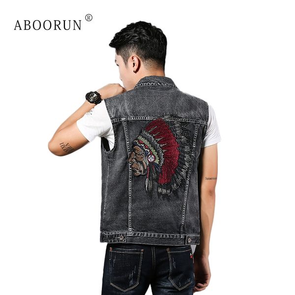 

aboorun men's fashion denim vest black embroidery slim fit jean waistcoat spring autumn sleeveless jacket for male x16855, Black;white