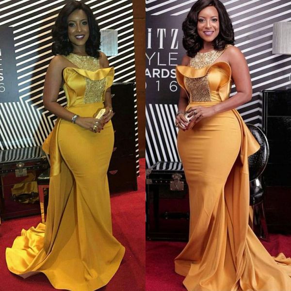 

elegant african nigerian mermaid evening dresses fashion gold long formal plus size prom dresses 2020 with beaded satin train cele297f, Black;red