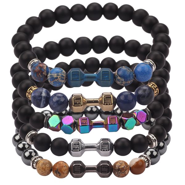 Verkauf von handgefertigten Metall-Charm-Armbändern mit Barbell-Strängen und Perlen. LIVE LIFT Armband aus natürlichem schwarzen Onyx-Stein als Geschenk für Liebhaber