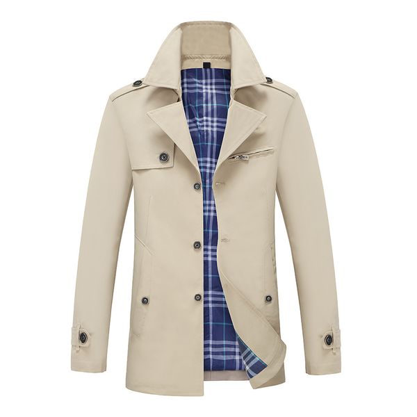 

casual slim autumn winter trench coat men pockets single breasted windbreakers solid coat and jactet streetwear, Tan;black