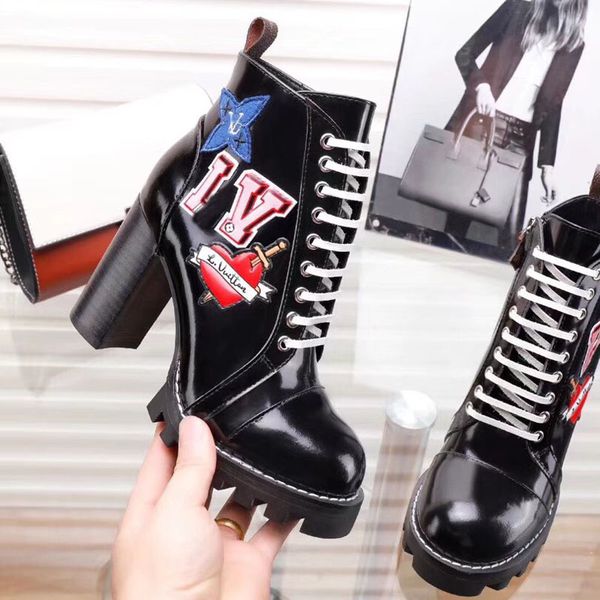 

Fa hion luxury de igner boot for women new with height 9 5 cm patent leather rough heel martin boot ladie winter boot big ize