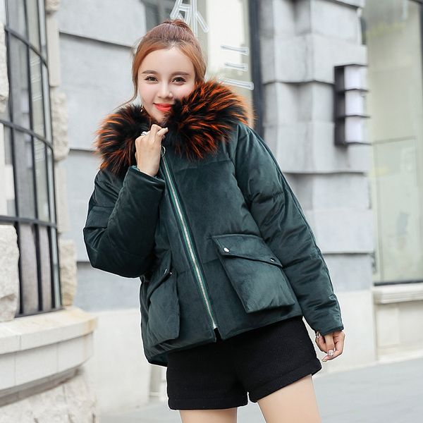 

autumn winter women parkas 2018 green casual hooded warm jacket coat short thick large fur collar parkas outwear casaco feminino, Black