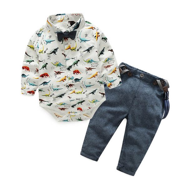 

autumn kids clothes set boys suit dinosaur bodysuits+jean bibs pant 2pcs set new children clothes fashion outfits, White