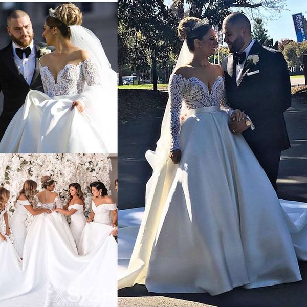 

a line country wedding dresses long sleeve lace bridal gowns appliqued button back beach boho plus size wedding dress custom, White