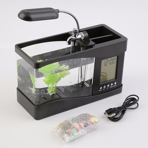 

1.5l mini usb aquarium fish tank lcd timer clock led lamp light black deskfish tank home office decor