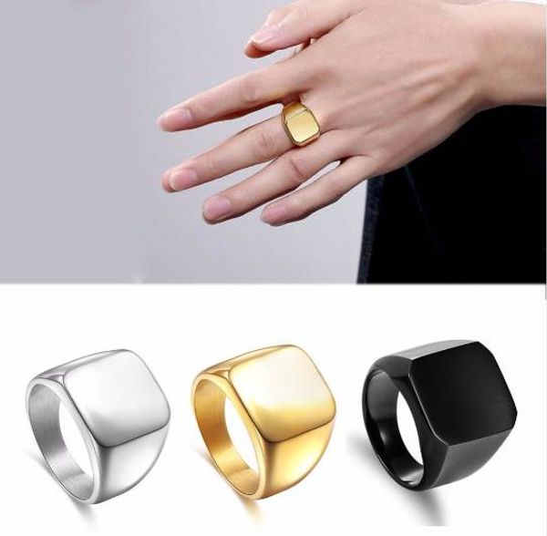 

fashion rings square big width signet rings 24k titanium steel man finger silver black gold men ring jewelry anel new
