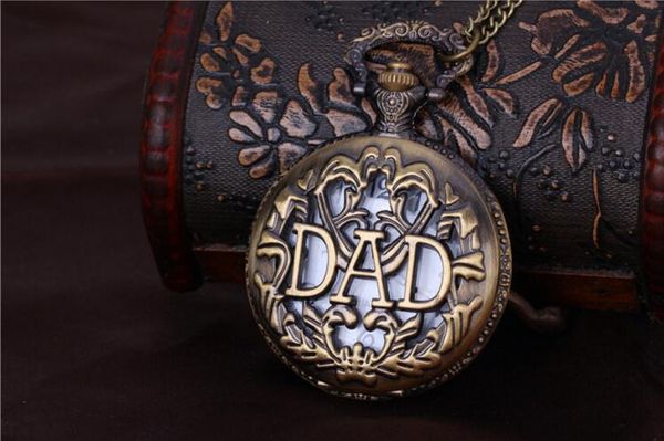 

wholesale 50pcs/lot antique bronze dad pattern quartz pocket watch with necklace fob watch father's day gift pw039, Slivery;golden