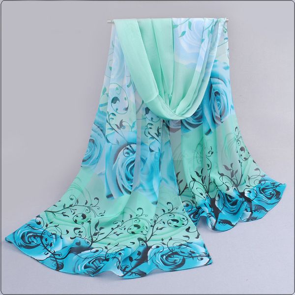 

2017 women spring scarf fashion chiffon silk scarf flowers roses sell bandana printing thin shawl scarves bufandas, Blue;gray