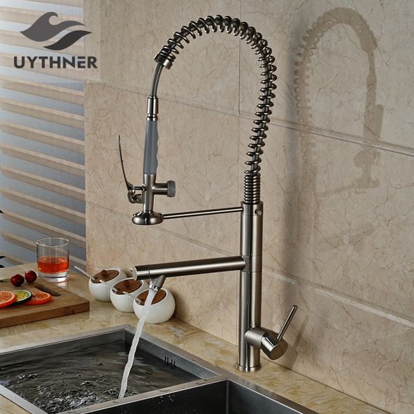 

solid brass tall swivel dual spouts spring kitchen faucet spring mixer tap brush nickle deck mounted