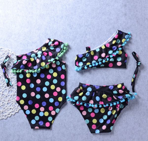 

2 styles baby dot one-piece and bikinis swimsuit kids strapless tassel lotus leaf collar swimwear girls bikinis children two-piece swimwear, Black