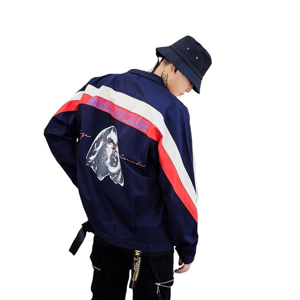 

harajuku tide men bomber jacket spring autumn classic black blue red white tricolor print vintage loose coat outerwear, Black;brown