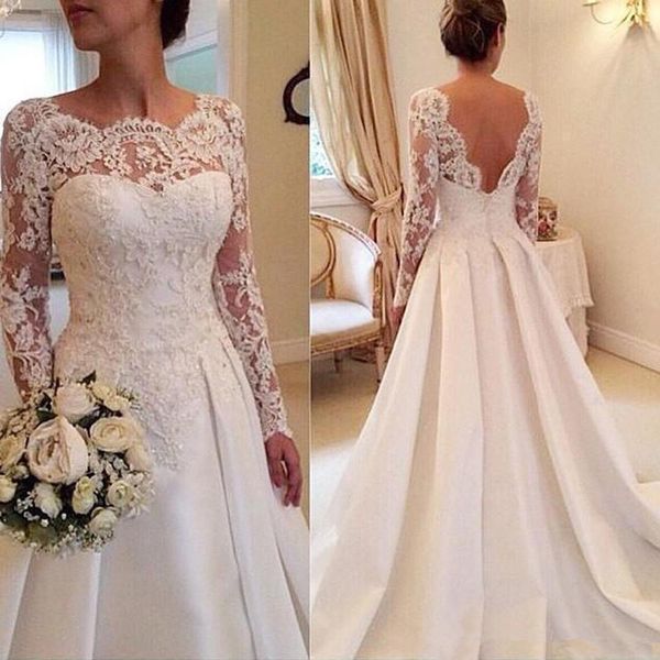 

vintage lace wedding dresses 2019 selling custom new court train scoop neckline applique a-line long sleeve backless bridal gowns w007, White