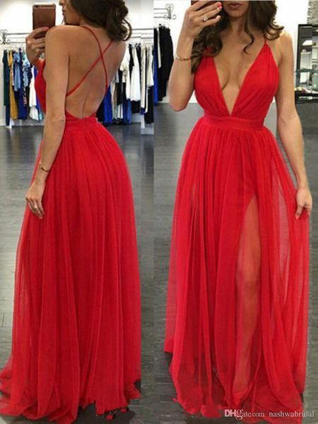 

Sexy Tulle Formal Evening Gowns Prom Dresses 2018 Deep V-Neck Sleeveless Criss-Cross Backless Split Side Long Party Gowns Custom Made