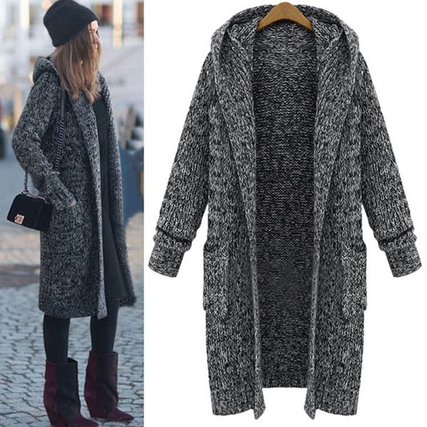 

women autumn winter long sleeve knitted cardigans clothes loose warm sweaters jumper hooded casual female thick coat pull femme, White;black