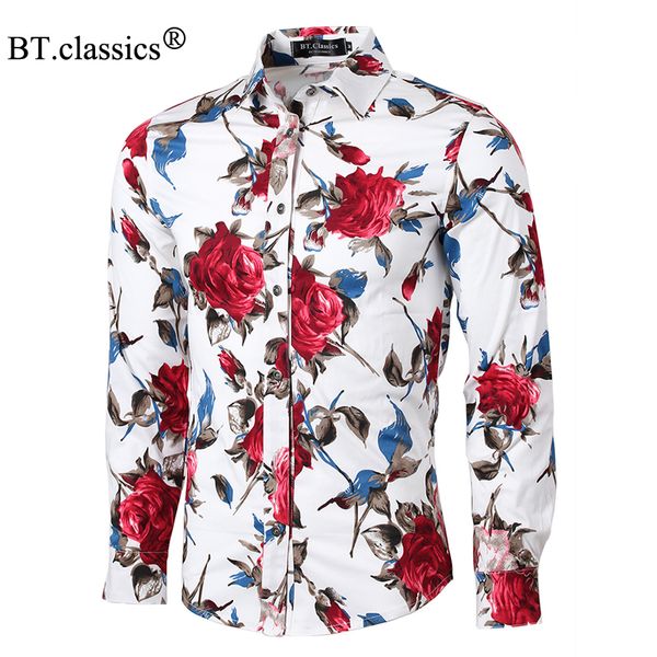 

men's floral print shirt plus size long sleeve men fashion slim fit dress shirt male hawaiian casual shirs camisa, White;black
