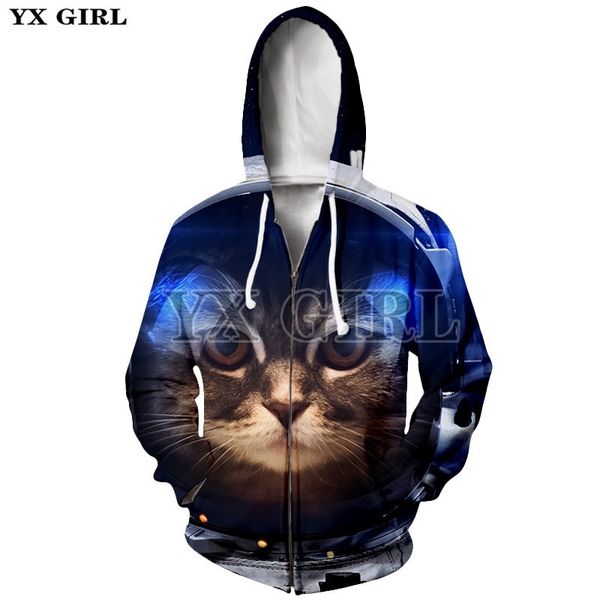 

yx girl casual pullover zip up jacket cute cat 3d print hoodie for women men zipper hoodies hooded sweatshirt outwear, Black