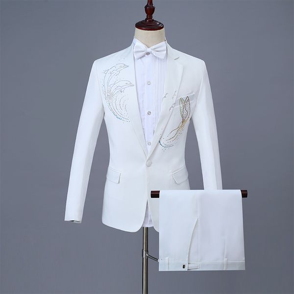 

cozimastarla summer men wedding groom dress suits with diamonds sequins stage show suits chorus singers hosts mens costume white, White;black