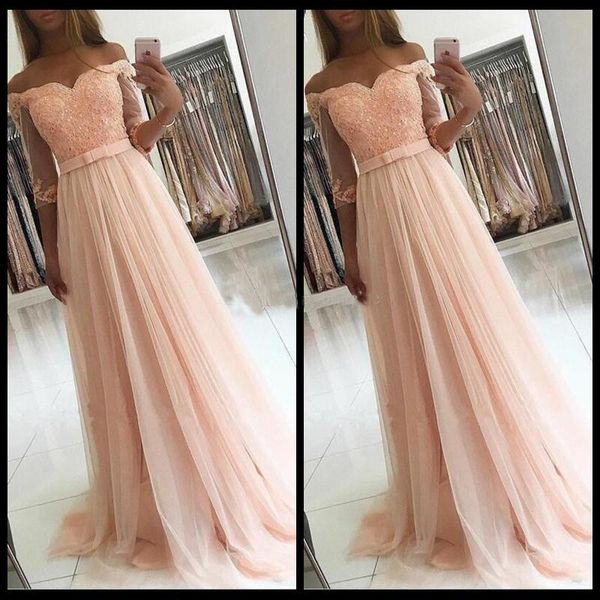 

Sexy Pink Vestidos De Baile A Line Tulle Prom Dresses 2018 Lace Appliques Long Evening Party Gowns Evening Wear