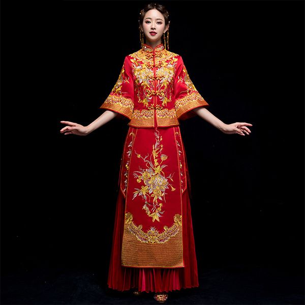 

red trailing qipao women bride traditional wedding gown 2019 new chinese flower embroidery dress cheongsam style chinois femme