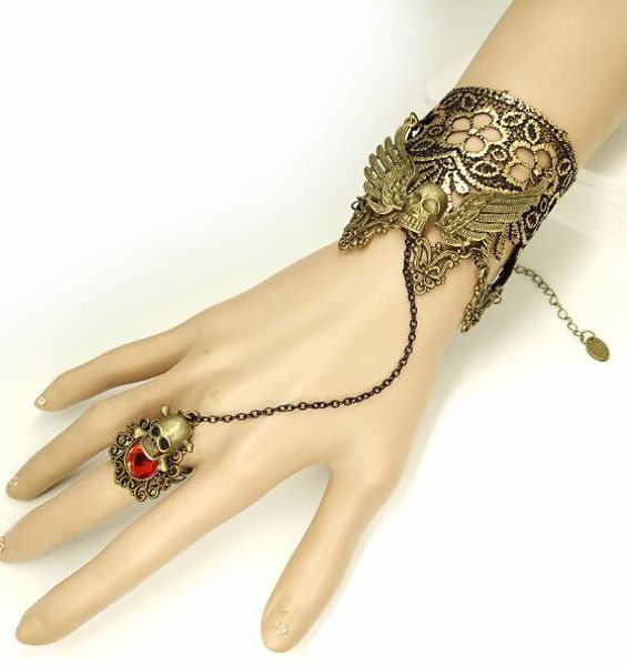 Livre novo vintage mão decorada ala dourada lace lace bracelet com anel de banda de personalidade halloween moda clássico requintado elegan