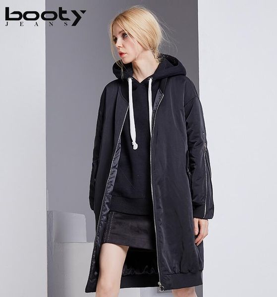 

2018 winter new zipper decoration warm long section imitation silk cotton coat women's cotton coat ing, Black