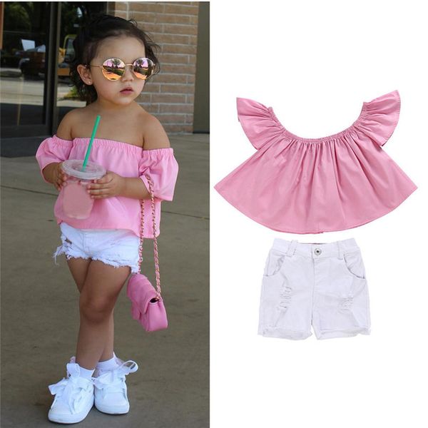 

6 colors fashion cool toddler kids baby girl off shoulder t shirt shorts pants outfit clothes set 2017 drop shipped st27 y1892906, White