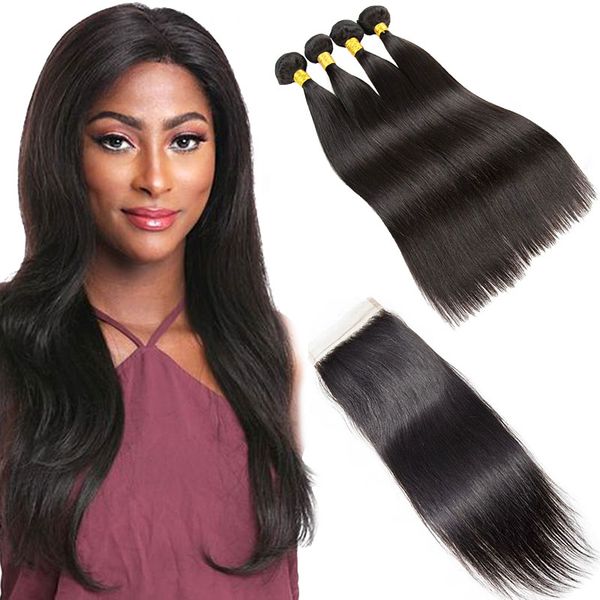 Silk Straight Brazilian Human Hair Weave 4 Bundles With Lace