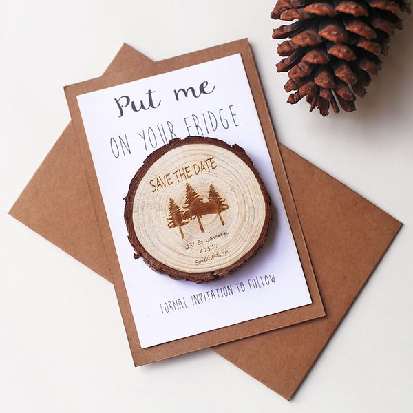 

wooden slice save the date magnet, rustic wedding magnets, pine trees magnet,forest wedding favors, engraved save the date