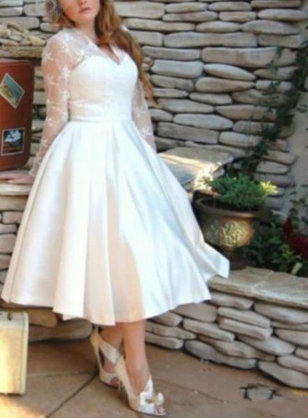 

v neck latest design long sleeve plus size a line short wedding gowns 50's vintage satin bridal dress tea length simple elegant fashion, White
