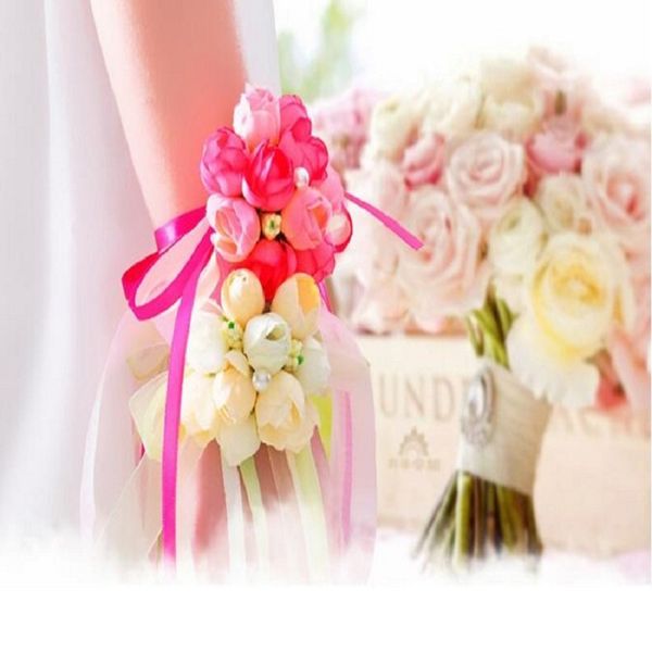 

rose wrist corsage bridesmaid sisters hand flowers artificial bride flowers for wedding party decoration bridal prom wh