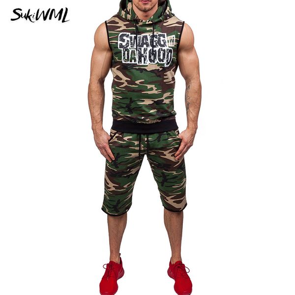 

sukiwml mens short sets 2018 new brand camouflage hooded men sweatsuits sleeveless tracksuit for men causal tracksuits sets, Gray