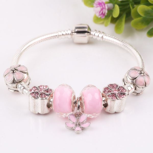 

aifeili new european fashion trend cute style flower pendant pink glass fit bracelet diy jewelry high quality, Black
