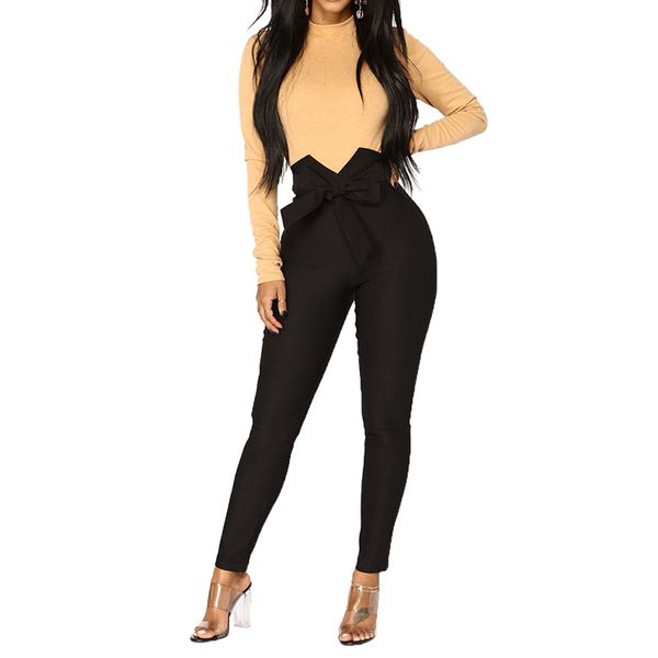 

women high waist pants looks slim skinny pure color leggings stretchy fashion pencil pants ruffle comfortable clothes, Black;white